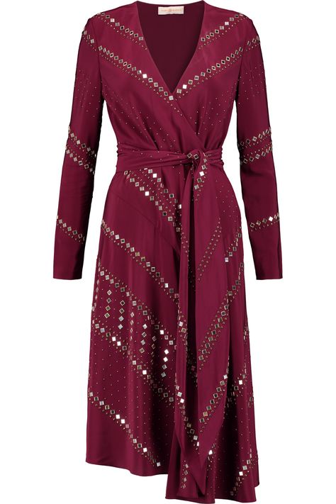 TORY BURCH Embellished Belted Silk Crepe De Chine Dress. #toryburch #cloth #dress Worst Wedding Dress, Purple Silk Dress, Dresses Burgundy, Studded Dress, Tory Burch Dress, Cloth Dress, Red Dresses, Loose Fitting Dresses, Beautiful Evening