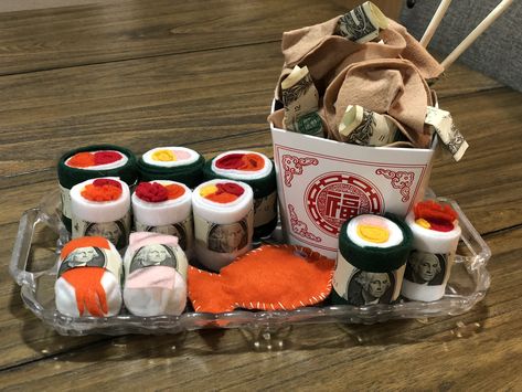 Sushi Gift Ideas, Sushi Gift Basket, Hampers Idea, Sushi Box, Gift Ideas Wedding, Gift Box Ideas, Japan Wedding, Diy Sushi, Wedding Gift Money