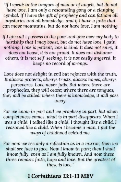 1 Corinthians 13 is known as the love chapter. If you are looking to define unconditional love, this is the ultimate definition. How many of us are able love like it says in 1 Corinthians 13: 1-13 on our own? Even a small part? I don’t know about you, but I definitely don’t always show this kind of love to others- not even my loved ones. I want to and feel bad when I don’t. Oftentimes, I am selfish and seek my own comfort or benefit. It is only with God’s #unconditionallove #fruitofthespirit Love Does Not Envy Corinthians 13, I Am Selfish, Love Does Not Envy, This Kind Of Love, He First Loved Us, Beautiful Scripture, Seek Me, Love Your Neighbour, Devotional Books