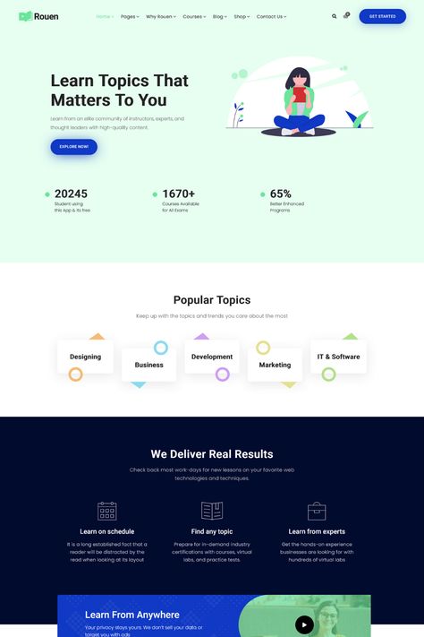 Rouen is a modern and responsive E-learning Education WordPress Theme designed for educational institutions, online course providers, and tutors. With its sleek design and advanced features, Rouen allows you to create a professional-looking website that will engage and inspire your students.The theme is fully responsive, which means that your website will look great on any device. Online Education Website Design, E Learning Website Design, E Learning Website, Learning Website Design, Web Technology, Wordpress Theme Design, E Learning, Real Results, Quality Content