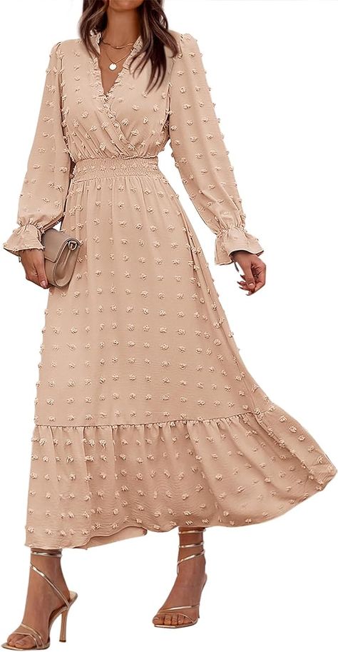 Long Sleeve Dresses For Women / Trendy V Neck Maxi Dress / Cute Swiss Dot Dress / NOT STRETCH / Flounces Sleeves / Loose Fit Cut / Elastic High Waist / Above Ankle Length / Size: S=US 4-6，M=US 8-10，L=US 12-14，XL=US 16-18 Multicolor Maxi Dress, Swiss Dot Dress, Boho Dresses Long, Layered Long Sleeve, Womens Fall Dress, High Waist Dress, Solid Color Dress, Layer Dress, Color Dress