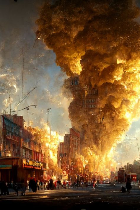 the painting of a great building in flames in the middle of a desperate city City On Fire Art, City On Fire Drawing, Burning Building Drawing, Burning Building Aesthetic, City On Fire, Drawing Flames, Burning Building, Building On Fire, Studio Illustration