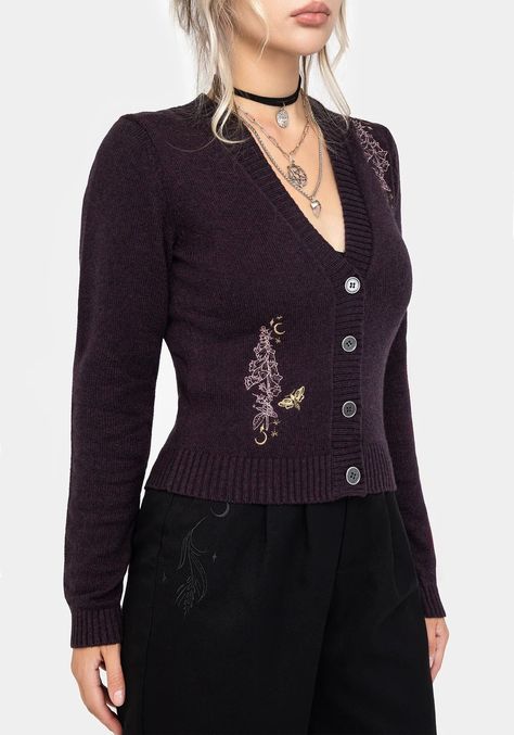 Foxglove Embroidery, Purple Cardigan Outfits, Knit Crop Cardigan, Dance Sing, Purple Knit, Crop Cardigan, Purple Cardigan, Long Sleeve Jumper, Wrap Shirt