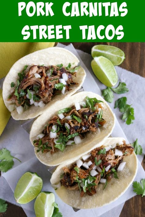 Pork Carnitas Street Tacos is a great way to feed a crowd. The incredibly tender pulled pork is well seasoned and charred at the end, and the tacos are garnished simply with onion and cilantro #streettacos #pork #porkcarnitas #pulledpork #porktacos #slowcookerpulledpork #slowcooker Mexican Street Tacos Recipe, Pork Chops Tacos, Street Tacos For A Crowd, Diy Street Tacos, Best Street Tacos, Pork Loin For Tacos, Fried Pork Tacos, Carnitas Street Tacos, Pork Taco Meat Recipes