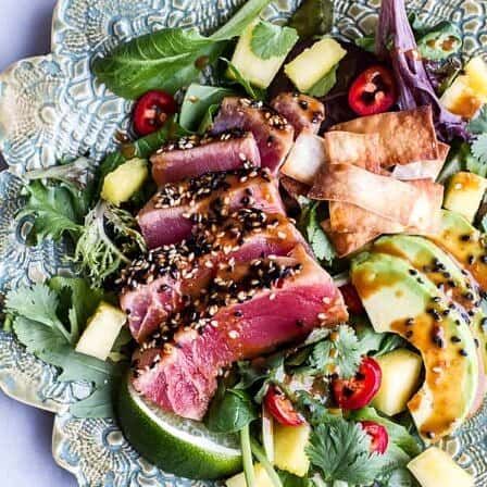 greens 1/2 cup fresh cilantro 1 cup fresh pineapple diced 1 avocado, sliced 1 jalapeno or red chile sliced Tuna Poke Salad, Wonton Crisps, Ahi Tuna Salad, Ginger Vinaigrette, Poke Salad, Seared Ahi Tuna, Ahi Tuna Poke, Tuna Poke, Seared Ahi