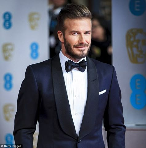 Beckham was wearing a navy blue suit and black lapel for the prestigious British awards ceremony Groom Tuxedo Navy, Wedding Flowers Navy Blue, Paisley Tuxedo, Wedding Suits Men Black, Blue Tux, Navy Tuxedos, Blue Tuxedo, Wedding Tux, Groom Wedding Attire