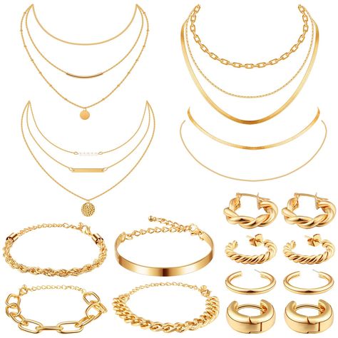 Tiamon 12 Pcs 90s Silver Gold Jewelry Set for Women Men 4 Earring Sets 4 Necklace 4 Bracelets for Girl Punk Gold Jewelry Set, Girl Punk, Small Gold Hoop Earrings, Pretty Jewelry Necklaces, Silver Gold Jewelry, Earring Sets, Gold Jewelry Sets, Gold Bracelet For Women, Women's Jewelry Sets