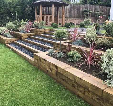 Decking With Steps, Terraced Garden Slope, Tiered Yard, Sloped Garden Ideas, Stepped Garden, Sloping Garden Ideas, Backyard Hill, Pergola Planter, Dahlia Garden