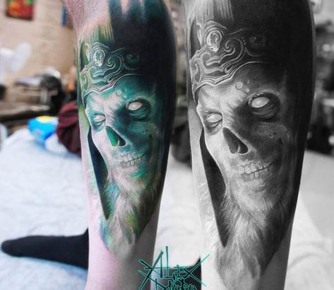 King of the Dead tattoo by Sanek Tattoo Hobbit Tattoo, Tolkien Tattoo, Dead Tattoo, Lotr Tattoo, Horror Movie Tattoos, Lord Of The Rings Tattoo, World Famous Tattoo Ink, Rune Tattoo, Full Sleeve Tattoo Design