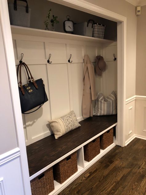 Front Porch Closet Ideas, Enterance Closet Idea, Front Entry Way Cubbies, Closet Into Mud Room Nook, Hallway Closet Mudroom Ideas, Built In Mudroom Bench With Storage In Closet, Closet Turned Into Cubbies, Turn Hall Closet Into Mudroom, Diy Closet Bench With Storage