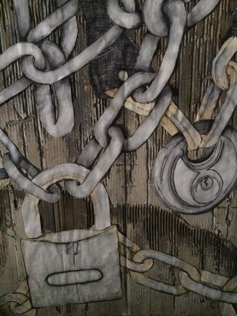 GCSE art final piece. Weathered locks and chains on corrugated, burnt card. Drawn with pencil and worked into with ink and then bleach. Locked Art Gcse, Lock Textiles Gcse, Gcse Art Lock 2023, Gcse Art Theme Lock 2023, Locked Gcse Art, Lock Artwork Gcse, Links And Connections Art Gcse, Lock Art Gcse Mindmap, Locks Art Gcse