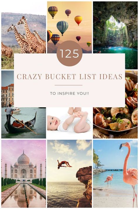 125 crazy bucket list ideas to inspire you as you make your own bucket list. From adventure filled bucket list ideas to keep you on your toes. Fun animal and nature bucket list activities. Plus several relationship bucket list ideas to build bonds! There are even a few food bucket list suggestions for the foodies out there. Bucket List Travel Ideas, Baddie Bucket List, Unique Bucket List Ideas, Bucket List Experiences, Bucket List Ideas Aesthetic, 25 Before 25 Bucket List, Fun Bucket List Ideas Adventure, Weird Bucket List Ideas, Funny Bucket List Ideas