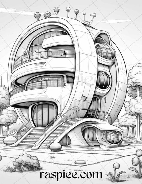 Coloring Pages for Adults Futuristic Architecture Home, Futuristic Architecture Concept, Sci Fi House, Futuristic Houses, Sci Fi Architecture, Futuristic Home, Zen Colors, Grayscale Coloring Pages, Adult Coloring Designs