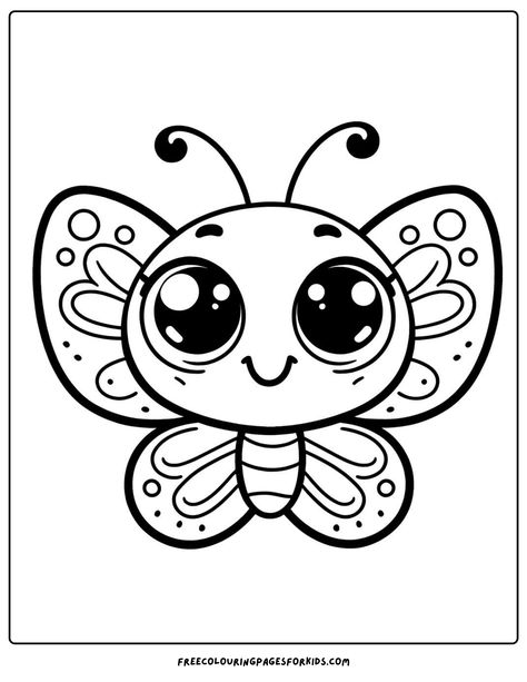 adorable butterfly with big, happy eyes and a smiling mouth Butterfly Outline Printable Multiple, Butterfly Cute Drawing, Colouring Pages For Kids Printables, Butterfly Colouring Pages, Butterfly Drawing For Kids, Butterfly Coloring Pages Free Printable, Butterflies Coloring Pages, Inkleur Prente, Butterfly Colouring