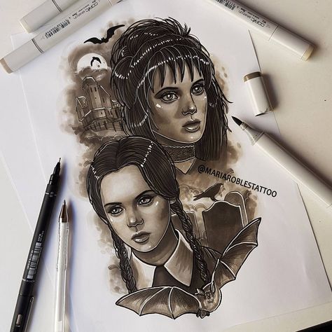 Beetlejuice Lydia Tattoo, Lydia Deetz Tattoo, Lydia Tattoo, Wednesday Tattoo, Lydia Deets, Wednesday Addams Tattoo, Beetlejuice Tattoo, Inspiring Illustration, Lydia Deetz