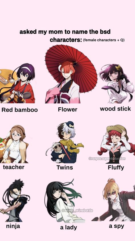 #bsd #bungoustraydogs #bsdmemes Bsd Characters Name, Bsd Female Characters, Bsd Characters, Bsd Memes, Character Names, Best Cosplay, Stray Dogs, Bungo Stray Dogs, Bungou Stray Dogs