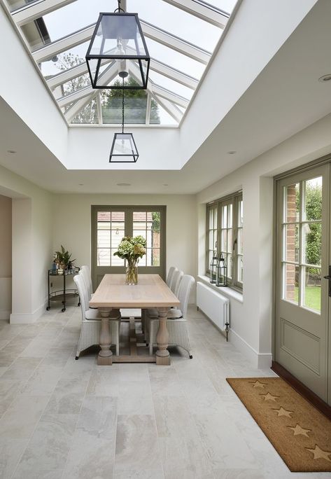 The clean lines and symmetry of a roof lantern create an incredible architectural impact when viewed from inside or out. Kitchen Roof Lantern, Aluminum Roof Houses, Roof Lantern Lighting Ideas, Lantern Roof Extension, Farm Bungalow, Orangery Extension Kitchen, Lantern Roof, Roof Lanterns, Kitchen Orangery