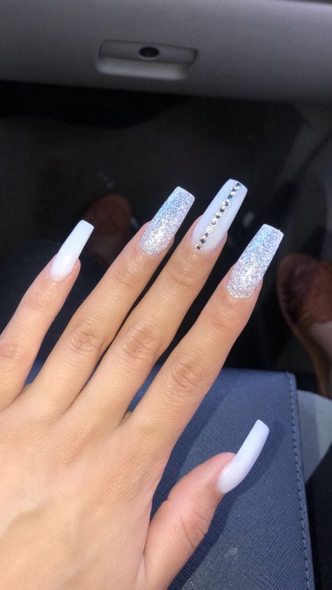 White Glam Nails Glitter, White Sparkle Nail Designs, Formal White Nails, White Nails Acrylic With Diamonds, White Nails With Diamonds Rhinestones, White Nails With Silver Designs, White Sparkle Nails Acrylic, White And Silver Acrylic Nails, White And Silver Nails Acrylic