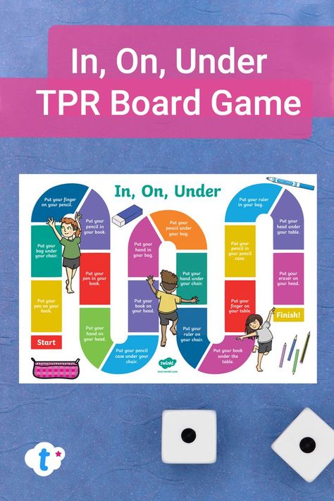 Get your students moving and learning the prepositions on, in and under with this total physical response board game! While playing the game, your class have to complete the actions to show that they understand the sentence. Some of them are a little bit silly too - put your book on your head! Click to download from the Twinkl website. #boardgame #games #gamesforkids #teaching #teacher #teachingresources #twinkl #twinklresources #movement #classroom #classroomgames #classroominspiration Prepositions Game, Action Games For Kids, Preposition Pictures, Esl Board Games, Total Physical Response, Teaching Prepositions, Verbo To Be, English Activities For Kids, Class Games