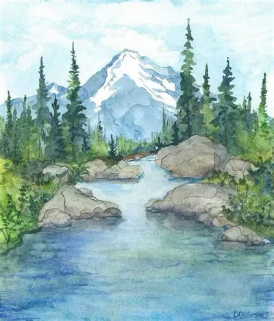 The mountain art and creative pieces we've brought together in this lineup are truly astounding. Check them all out! Watercolor Art Landscape, Watercolor Water, Mountain River, Watercolor Paintings Easy, 수채화 그림, Watercolor Landscape Paintings, Watercolor Paintings Tutorials, Watercolor Art Lessons, Landscape Drawings