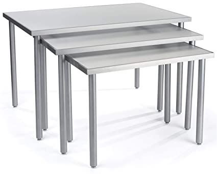 Displays2go, White Nesting Tables for Retail, Steel, MDF, Melamine Build – White, Silver Finish (NST3T48WT) Table Top Display Case, Service Table, Table Top Display Stand, Display Tables, Shop House Ideas, Display Table, Display Furniture, Store Fixtures, Table Top Display