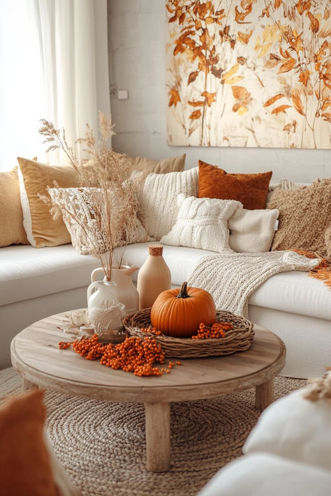 Transform your living space with warm and inviting autumn home decor! 🍁 This setup blends natural textures and rich, earthy tones for a cozy fall vibe. Perfect for creating a welcoming atmosphere during the chilly months. 🧡✨ #AutumnHomeDecor #CozyLivingRoom #FallVibes Pumpkin Living Room, Cozy Autumn Home, Winter Living Room, Autumn Home Decor, Fall Inspo, Cozy Autumn, Autumn Cozy, Lounge Room, Cozy Living Rooms