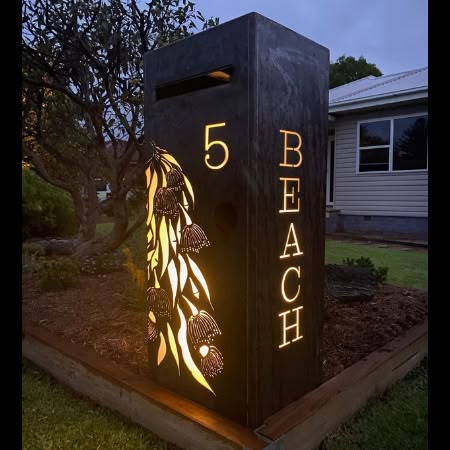 Signage & Letterboxes - Iron Bark Metal Design Letterbox Ideas Modern, Metal Mailbox Ideas, Diy Letterbox, Metal Signage Exterior, Outdoor Signage Design, Rustic Letterbox, Wood And Metal Signage, House Signage, Corten Steel Letter Boxes