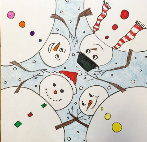 This is a fun project I came across on Artsonia by Blue Mountain Elementary students. I love the different perspective and that each picture can still be individualized. I've shared pictures of the... Art 2nd Grade, Draw A Snowman, January Art, Classe D'art, Winter Art Lesson, Christmas Art Projects, 2nd Grade Art, Winter Art Projects, 4th Grade Art