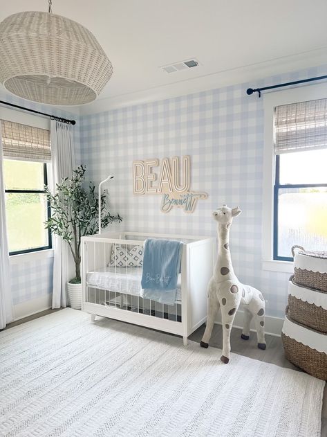 Jess's Nursery Sneak Peak Playroom For Newborn, Nursery Accent Wall Blue, Blue Gingham Nursery, Blue Gingham Wallpaper, Baby Boy Blue Nursery, Gingham Nursery, Minimalistic Nursery, Boy Nursey, Little Boy Nursery