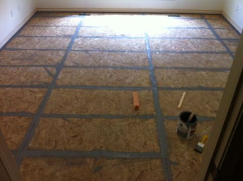 to be fair, thats particle board not plywood. seam sealed Particle Board Floor, Paint Particle Board, Plywood Flooring Diy, Painted Osb, Painting Plywood, Painted Plywood Floors, Diy Painted Floors, Temporary Flooring, Plywood Subfloor