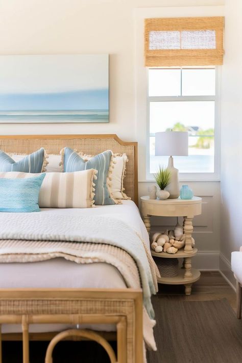 14 Stunning Coastal Bedroom Ideas Just In Time For Summer Bedding Colors, Coastal Bedroom Decor, Costal Bedroom, Coastal Bedroom Ideas, Light Blue Bedroom, Ocean Bedroom, Coastal Style Furniture, Cozy Bedroom Design, Bedroom Design Trends