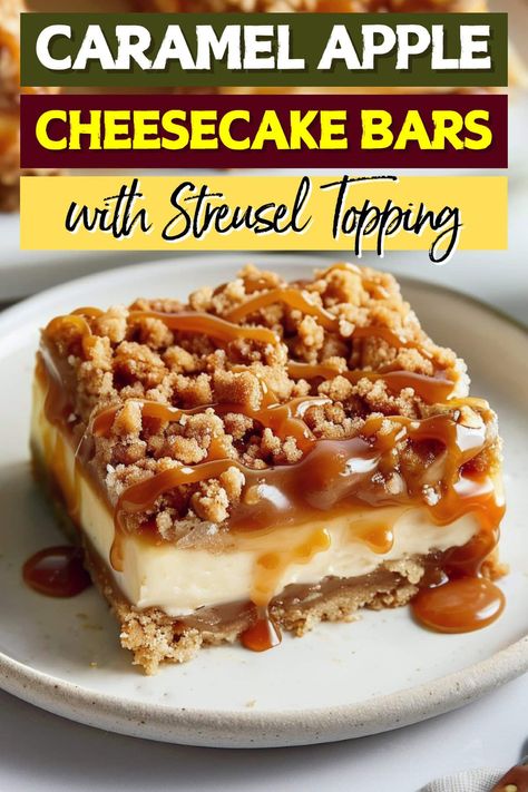 If you love apple orchards and cheesecake, these caramel apple cheesecake bars with streusel topping and caramel sauce are about to blow your mind. Caramel Ape Cheesecake Bars, Caramel Apple Strudel Cheesecake, Caramel Apple Streusel Cheesecake, Caramel And Apple Desserts, Carmel Apple Cheesecake Bars Recipe, Caramel Apple Crisp Cheesecake Bars, Caramel Apple Trifle Desserts, Caramel Apple Cheesecake Bars Paula Deen, Caramel Apple Pecan Cobbler Recipe