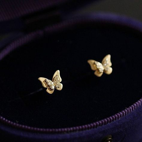 Gold Butterfly Jewelry, Real Gold Earrings, Gold Earrings For Kids, Small Earrings Gold, Double Butterfly, Jewelry Kids, Butterfly 3d, Simple Gold Earrings, Mini Butterfly