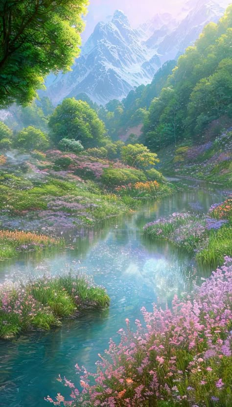 Tree Drawing Landscape, Beautiful Green Aesthetic, Fantasy Spring Landscape, Cool Aesthetic Pictures For Wall, Landscape Design Paintings, Digital Nature Art, Colorful Nature Aesthetic, Flower Aesthetic Cartoon, Aesthetic Painting Flowers