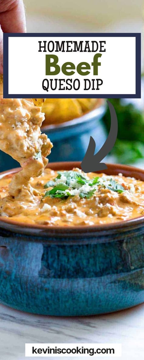 Looking to take your next party up a notch? Serve up this Homemade Beef Queso Dip recipe! It’s so easy to make and tastes much better than store-bought versions. Made with Pepper Jack and sharp cheddar cheeses, it’s ooey, gooey, and delectable! This dip only takes about 10 minutes to prep and under 20 minutes to bake up and become cheesy as can be. You can keep things simple and serve with your favorite tortilla chips, but there are so many other ways to enjoy it! Beefy Queso, Beef Queso Dip, Cheddar Cheese Dip, Creamy Chili, Chili Cheese Dip, Queso Dip Recipe, Beef Dip, Chili Cheese Dips, Queso Dip Recipes