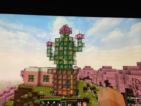 A cactus sculpture built of glass in Minecraft Glass Cactus, Minecraft, Cactus, Glass