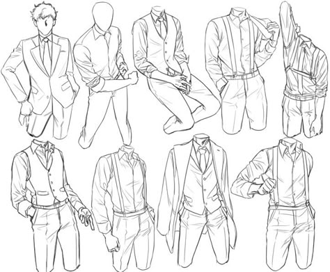 Detective Pose Reference Drawing, Pulling Tie Pose Reference, Men Outfits Drawing Reference, Suit Sketch Drawings, Rolled Up Sleeves Drawing Reference, Vest Drawing Reference, Anime Body Sketches, Anime Body Tutorial, Polo Drawing