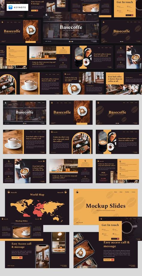 Coffee & Cafe Shop Keynote Template. 32+ Unique Slides. Presentation Layouts, Proposal Design, Coffee Business, Project Presentation, Coffee Theme, Presentation Layout, Cafe Shop, Business Proposal, Keynote Presentation