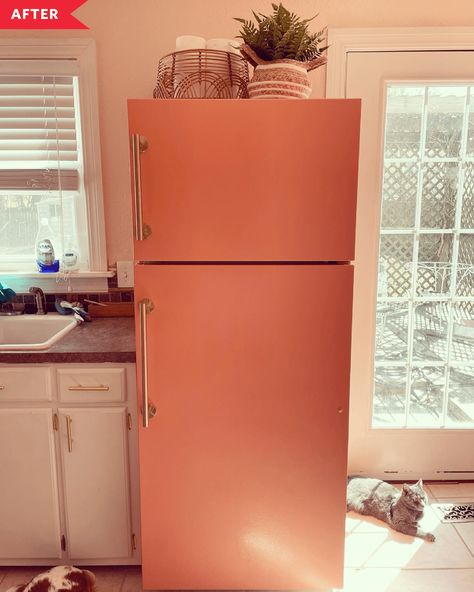 Credit: Tanna Bartlett Minimalist Refrigerator, Dream Fridge, Fridge Makeover, Painted Fridge, Gold Pulls, White Fridges, Portland House, Smeg Fridge, Castle Ideas