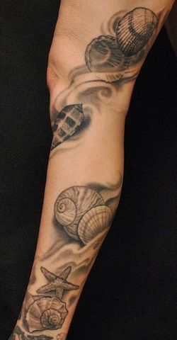 Seashell Tattoo, Ocean Sleeve Tattoos, Forearm Cover Up Tattoos, Beachy Tattoos, Arm Sleeve Tattoos For Women, Seashell Tattoos, Stunning Tattoos, Catrina Tattoo, Shell Tattoos