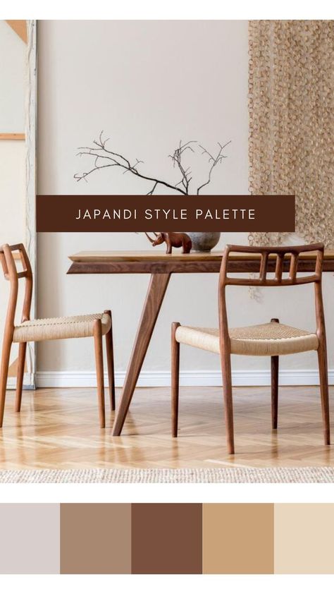 Japandi is a combination of Japanese and Scandinavian styles in interior design. Its main characteristics are wamn colors, loads of natural light, minimalism and, of course, muted color palette. Natural Color Interior, Japandi Interior Color Palette, Color Combinations For Interior Design, Japandi Style Color Palette, Interior Design Scandinavian Minimalism, Japandi Pallete, Scandi Asian Interior, Minimal Japandi Interior, Natural Color Interior Design