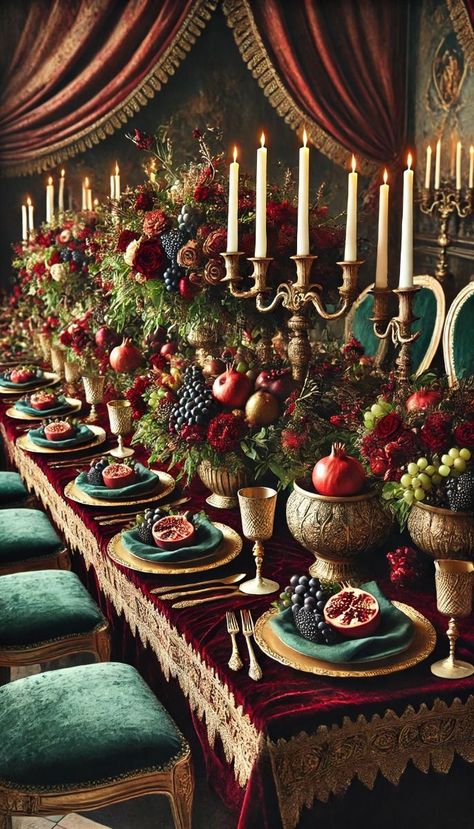 Royal Christmas Party, Martha Stewart Table Setting, Martha Stewart Tablescapes, Christmas Fruit Centerpieces, Yule Tablescape, Table Scape Christmas, Pomegranate Wedding Decor, Christmas Table Setup, Christmas Dinner Buffet