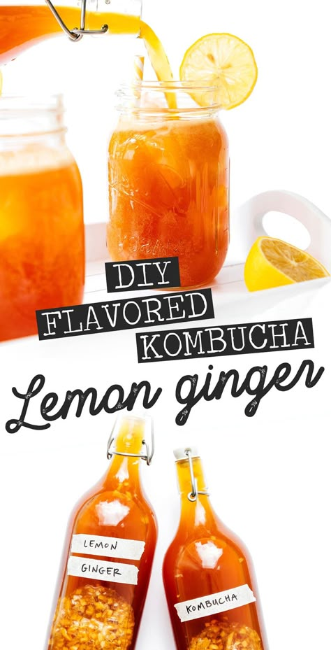 Lemon Ginger Kombucha Recipe, Gingerade Kombucha Recipe, Flavored Kombucha Recipe, Ginger Kombucha Recipe, Blueberry Kombucha, Ginger Kombucha, Kombucha Recipes, Fermented Drinks, Kombucha Flavors