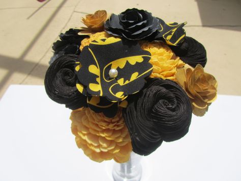 Batman Flower Bouquet - DC Comic Book Wedding, Girlfriend Gift, Nerd, Geek, Wood, Fabric, Birthday, Mother, Wife, Flower Arrangement, Decor by NerdyWithKids on Etsy https://www.etsy.com/listing/237106802/batman-flower-bouquet-dc-comic-book Batman Bouquet, Batman Wedding Theme, Comic Book Bouquet, Superhero Wedding Theme, Batman Party Decorations, Comic Wedding, Paper Flowers Wedding Bouquet, Comic Book Wedding, Batman Wedding