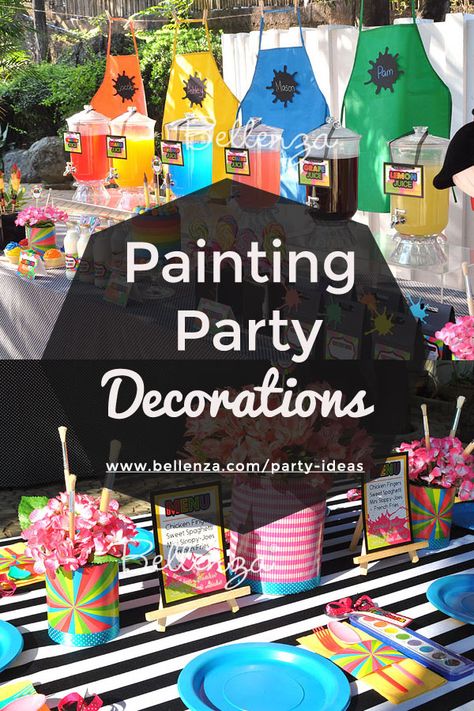 Fun and colorful painting party decorations. #paintingpartytheme #paintingpartyideas #rainbowpartytheme Art Party Ideas For Adults, Painting Party Ideas For Adults, Paint Party Decorations, Painting Party Decorations, It Painting, Painting Birthday Party, Rainbow Theme Party, Painting Birthday, Kid Parties