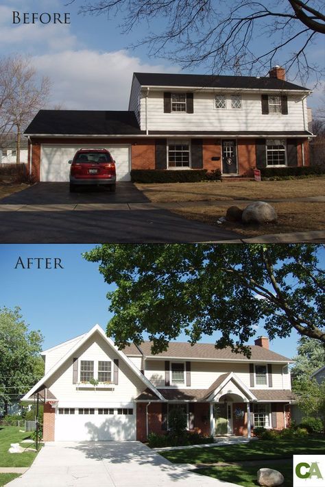 Colonial Exterior Remodel, Addition Over Garage, Design Seed, Split Level Remodel, Bedroom Addition, House Makeovers, Exterior House Remodel, Colonial Exterior, Home Exterior Makeover