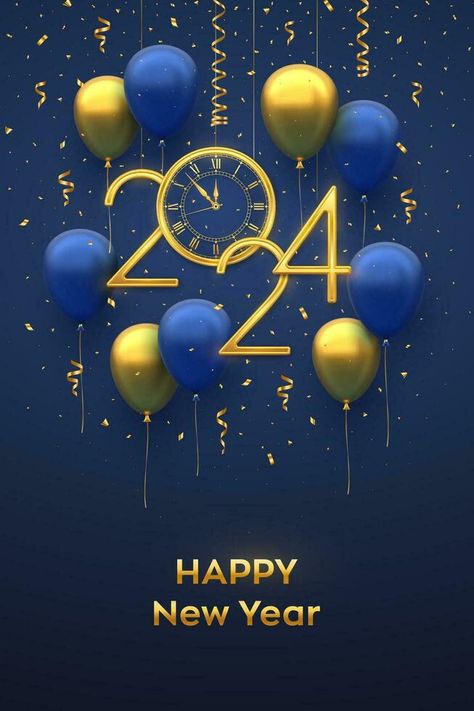 Happy New 2024 Year. Hanging Golden metallic numbers 2024, watch with Roman numeral and countdown midnight with 3D festive helium balloons and falling confetti on blue background. Vector illustration. 2024 Greetings, Wallpapers 2024, 2024 Wishes, School Wallpaper, New Year Wishes Images, Year Wallpaper, 2024 Images, Happy New Year 2014, Comedy Pictures