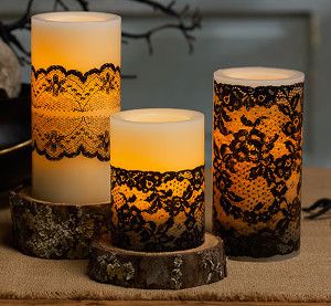 Black Lace Candles, Lace Candles, Elegant Halloween Decor, Battery Powered Candles, Candles Diy, Diy Halloween Decor, Martha Stewart Crafts, Elegant Candles, Elegant Halloween