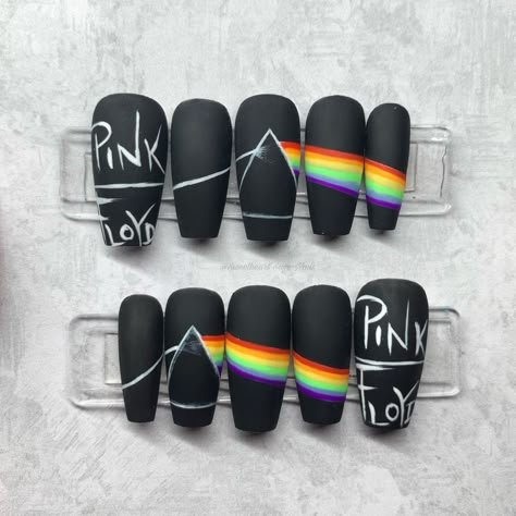 Rainbow Press On Nails, Pink Floyd Nail Art, Pink Floyd Nails, Black Almond Nails, Rock Nails, Rainbow Nails Design, Witch Nails, Band Nails, Mens Nails