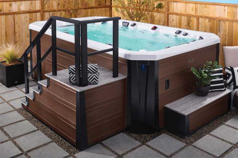 Modular hot tub environments: Painting a more appealing picture in the backyard - Page 2 of 3 - Pool & Spa Marketing Swim Spa Deck, Spa Landscaping, Hot Tub Steps, Backyard Spa, Therapy Benefits, Hot Tub Swim Spa, Hot Tub Surround, Hot Tub Patio, Pool Wall